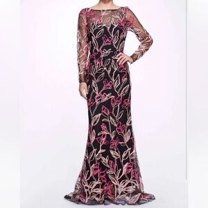 Marchesa Notte Sequins Tulle Black Pink Gown Illusion Long Dress
